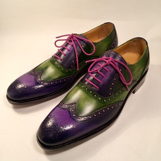 Men's Purple & Green Patina Leather Wingtip Oxford Brogue Shoes