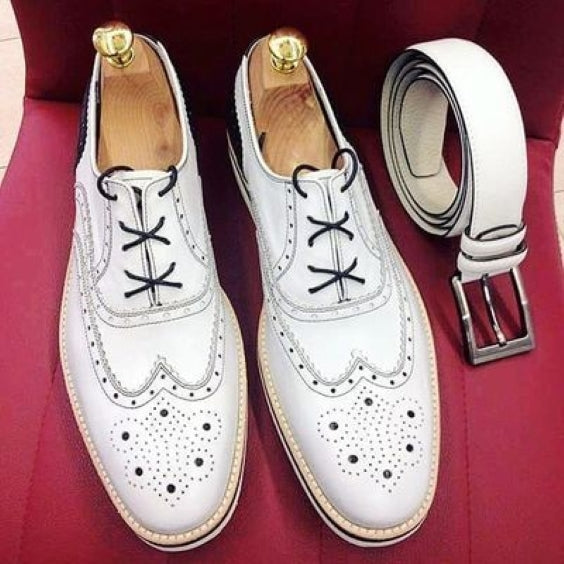 Men's Luxury White & Black  Leather Wingtip Oxford Shoes