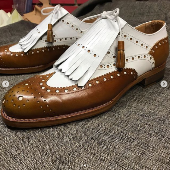 Men's Tan Brown & White Leather Fringed Wingtip Shoes
