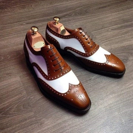 Men's Brown & White Leather Wingtip Spectator Shoes