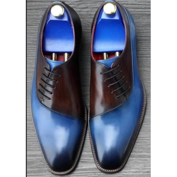 Men's Handmade Blue & Brown Patina Leather Lace Up Shoes