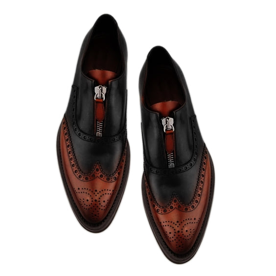 Men's Brown & Black Leather Wingtip Zipper Shoes