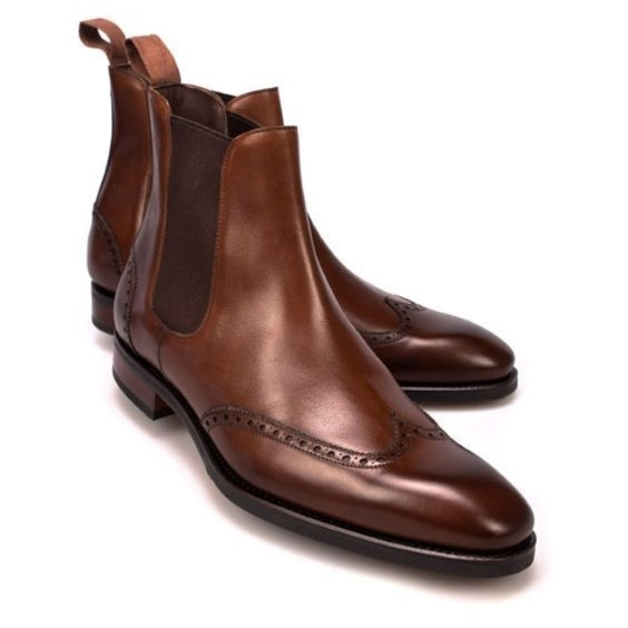 Men's Brown Leather Wingtip Chelsea Boots