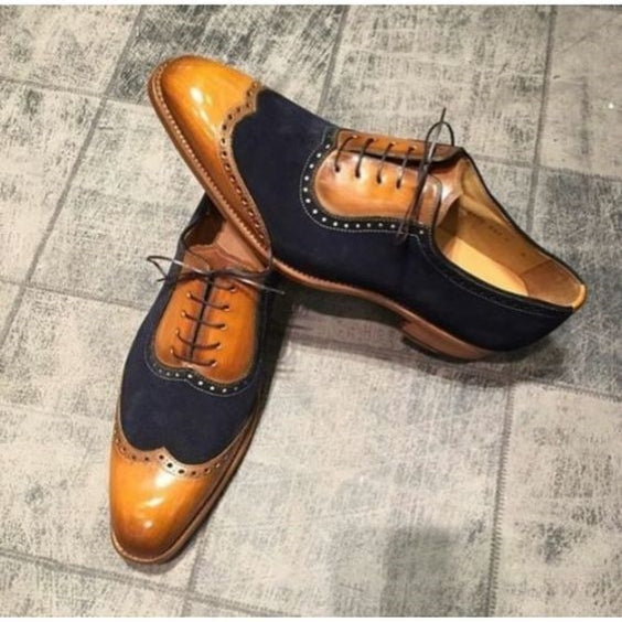 Men's Tan & Navy Blue Suede Leather Wingtip Shoes