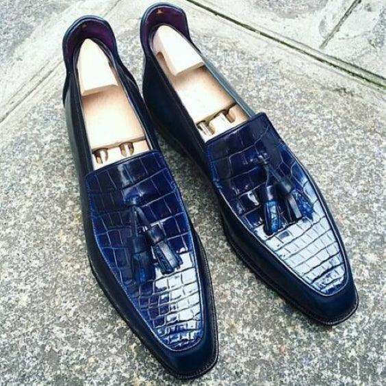 Men's Blue Alligator Texture Leather Tassel Loafers