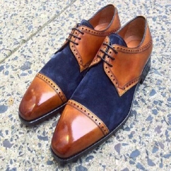 Men's Tan Brown & Blue Suede Leather Oxford Shoes