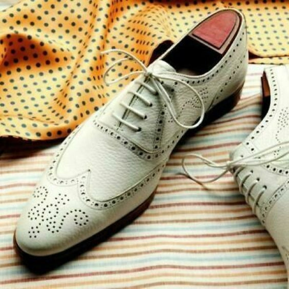 Men's White Genuine Leather Wingtip Oxford Shoes