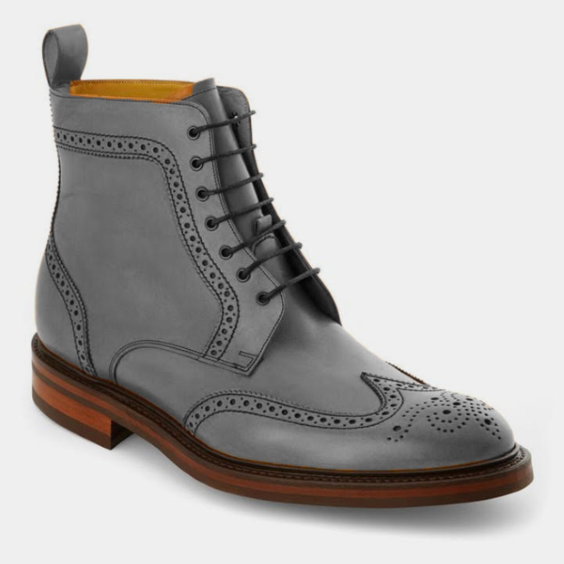 Handmade Men's Grey Wingtip Leather Boots