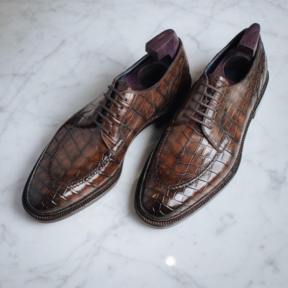Handmade Men's Brown Alligator Leather Shoes