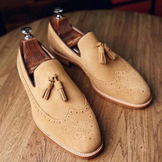 Men's Beige Suede Leather Tassel Loafers