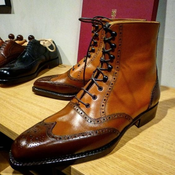 Men's Dual Tone Brown Leather Ankle High Wingtip Boots