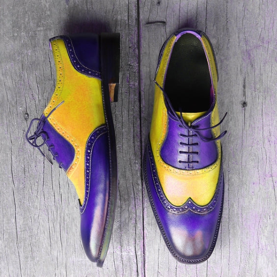 Men's Yellow & Blue Leather Wingtip Oxford Shoes