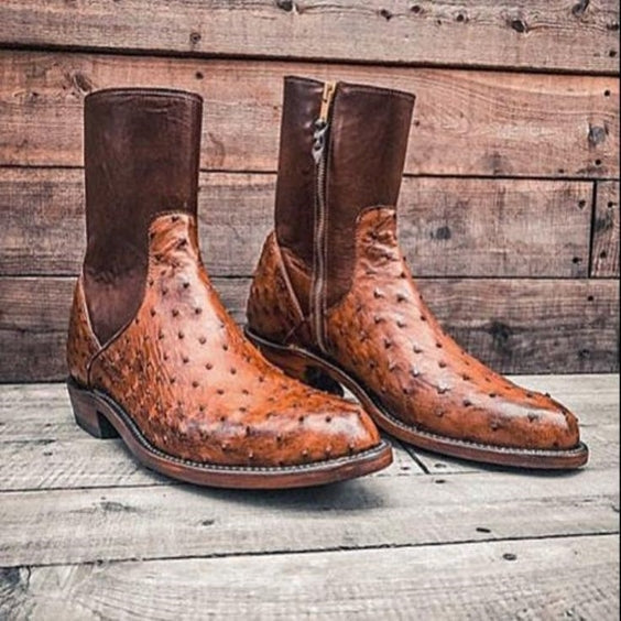 Handmade Men's Tan Brown Ostrich Leather Boots