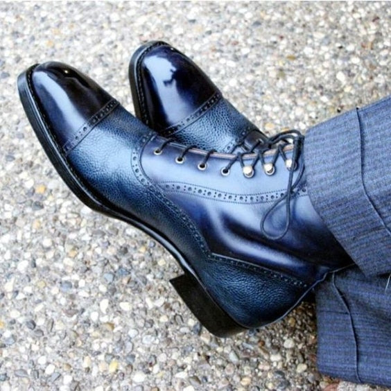 Men's Blue Pebbled Leather Ankle High Boots