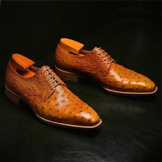 Handmade Men's Tan Derby Ostrich Leather Shoes