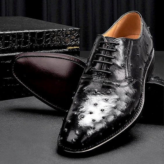 Men's Black Ostrich Impression Leather Oxford Shoes