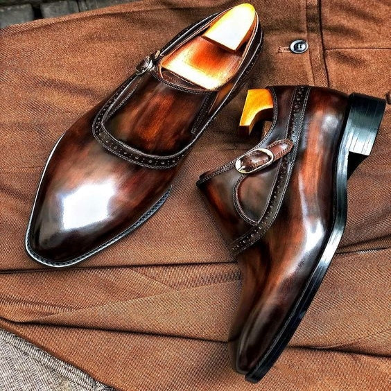 Men's Brown Patina Leather Monk Style Derby Shoes