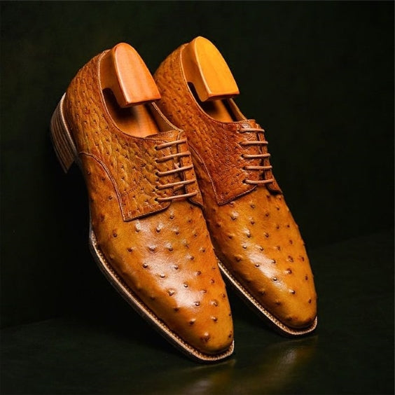 Handmade Men's Tan Derby Ostrich Leather Shoes